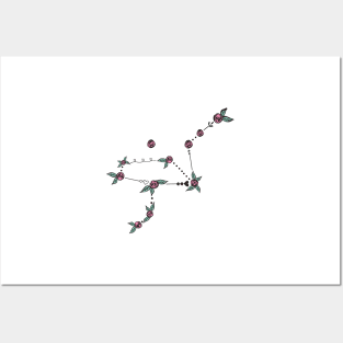 Grus (Crane) Constellation Roses and Hearts Doodle Posters and Art